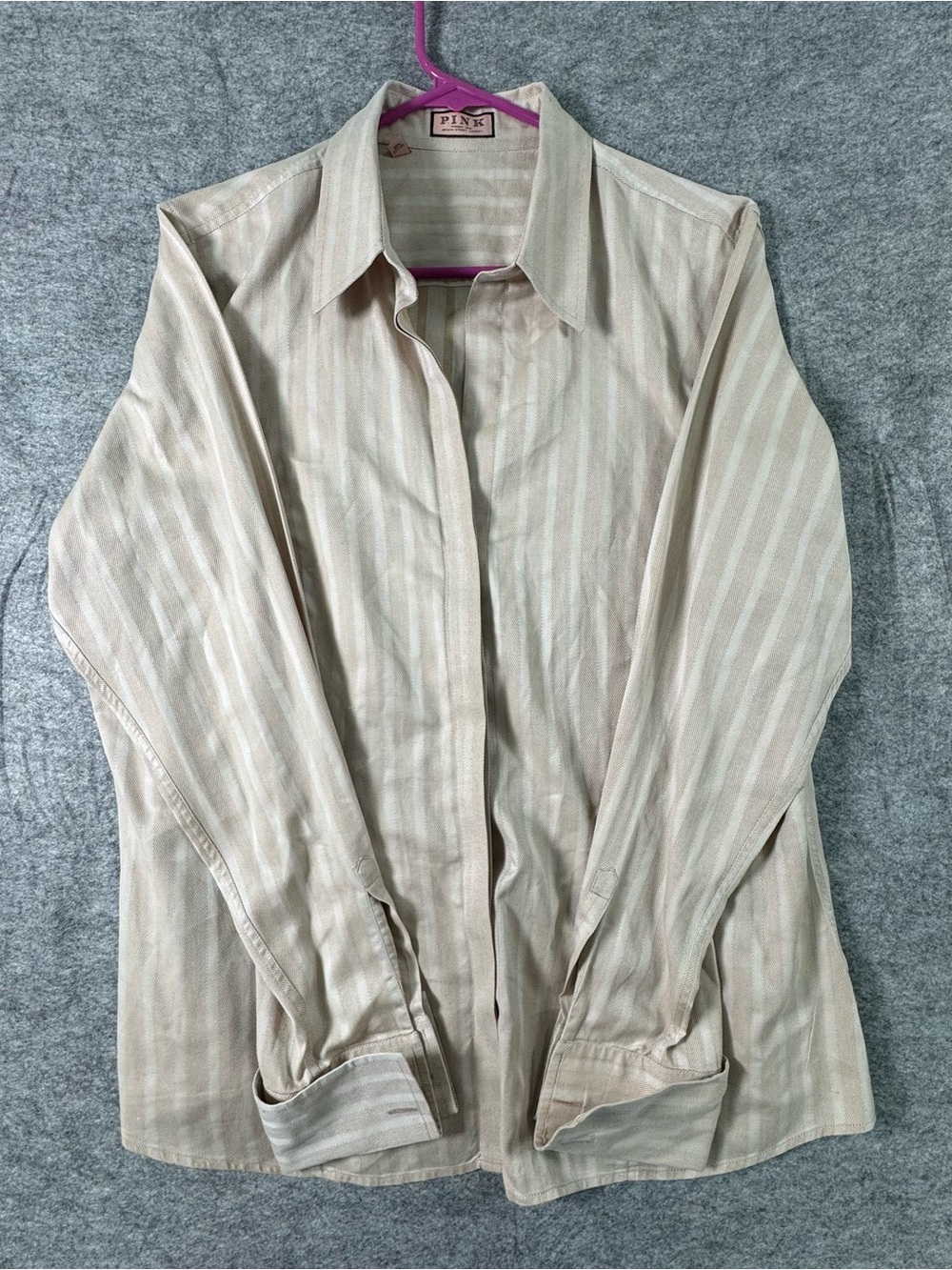 Thomas Pink Cream and Beige Striped Button-Down Cufflink Shirt